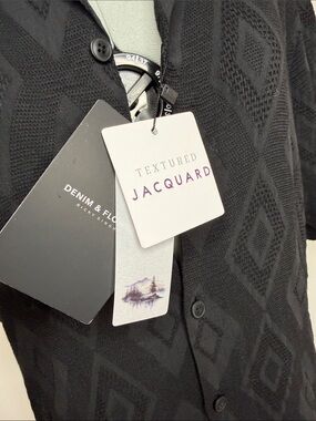 NWT Black Textured Jacquard Resort Camp Shirt Medium Denim & Flower Ricky Singh